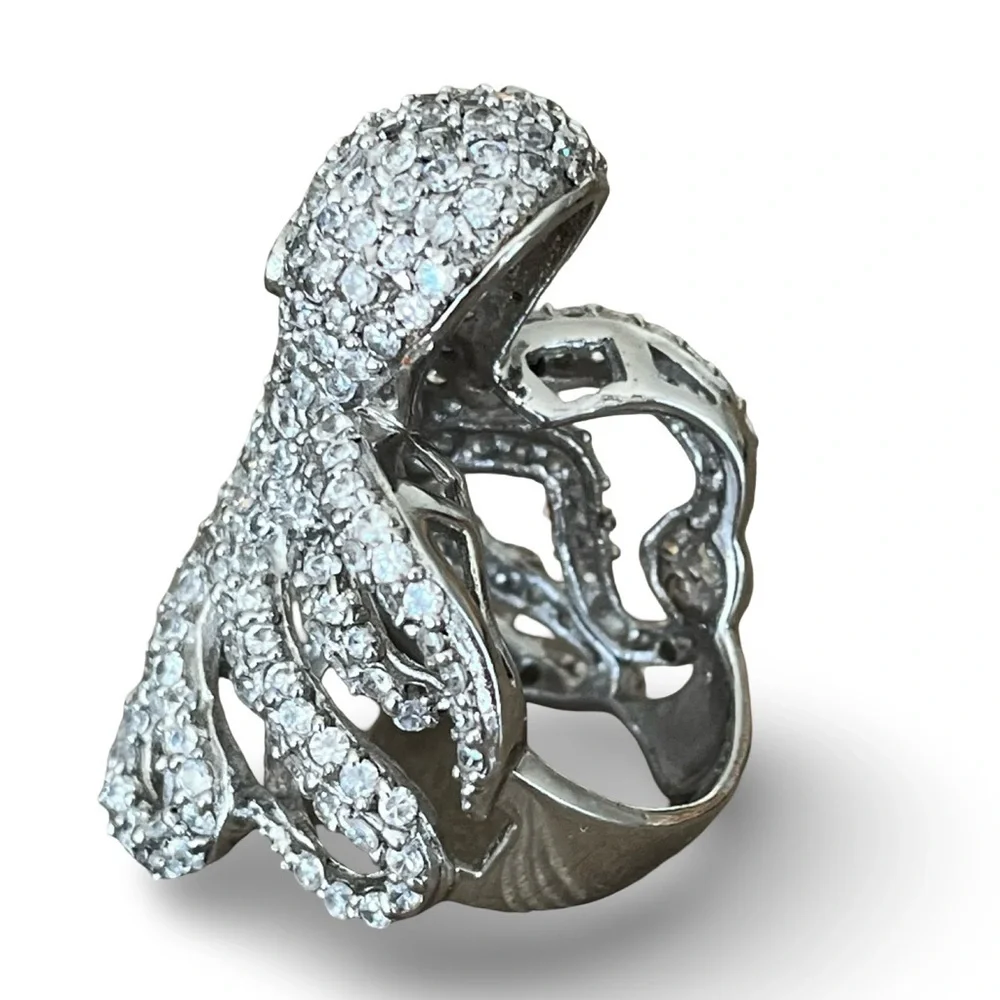 Large Sparkling Pave Silver Tone Statement Octopus Ring Size 7
